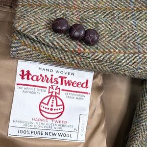 Harris Tweed Sport Coat Men 44L Brown Taupe Wool Herringbone Blue Stripe Blazer